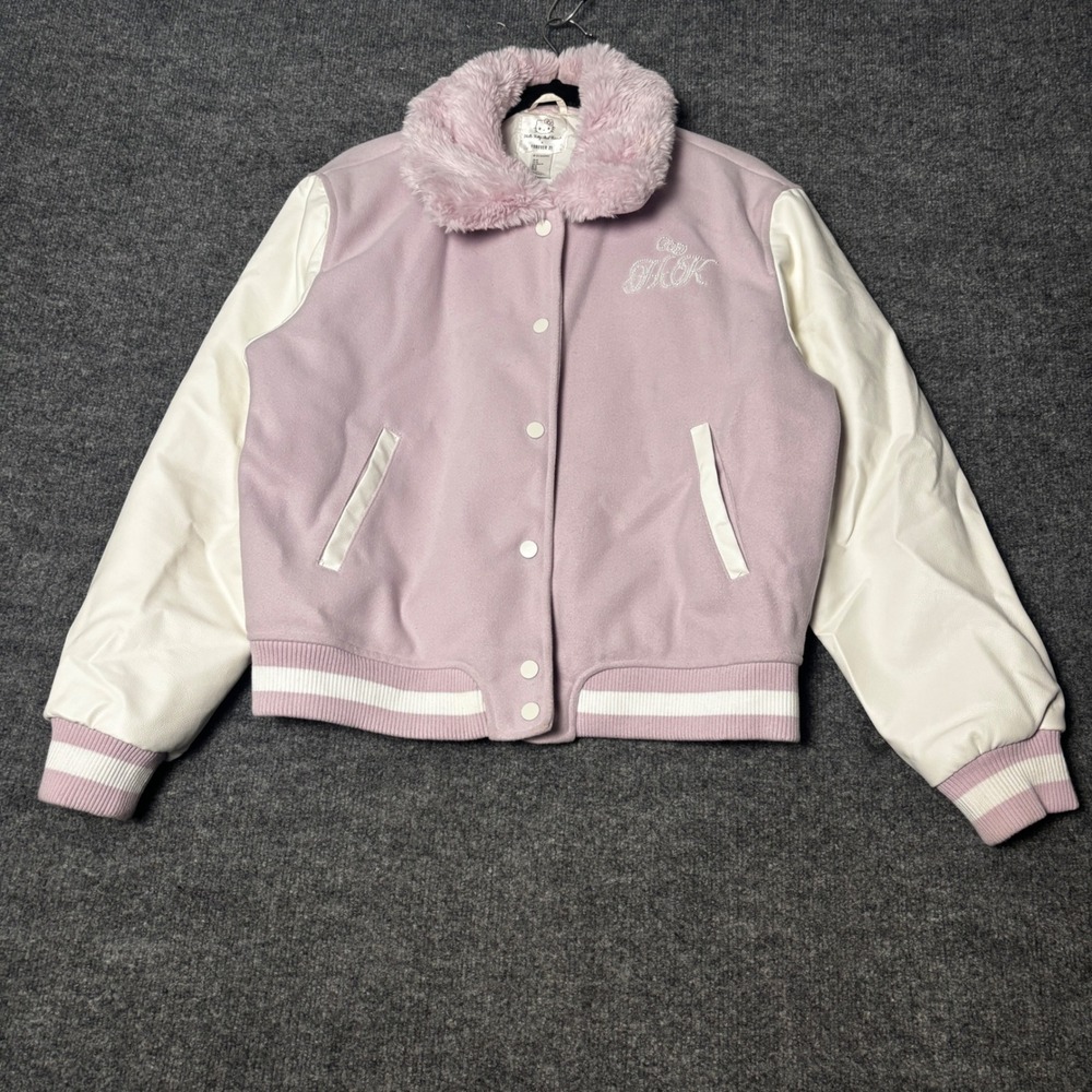 Forever 21 Varsity Bomber Jacket Women's Medium Pink White Hello Kitty Sanrio